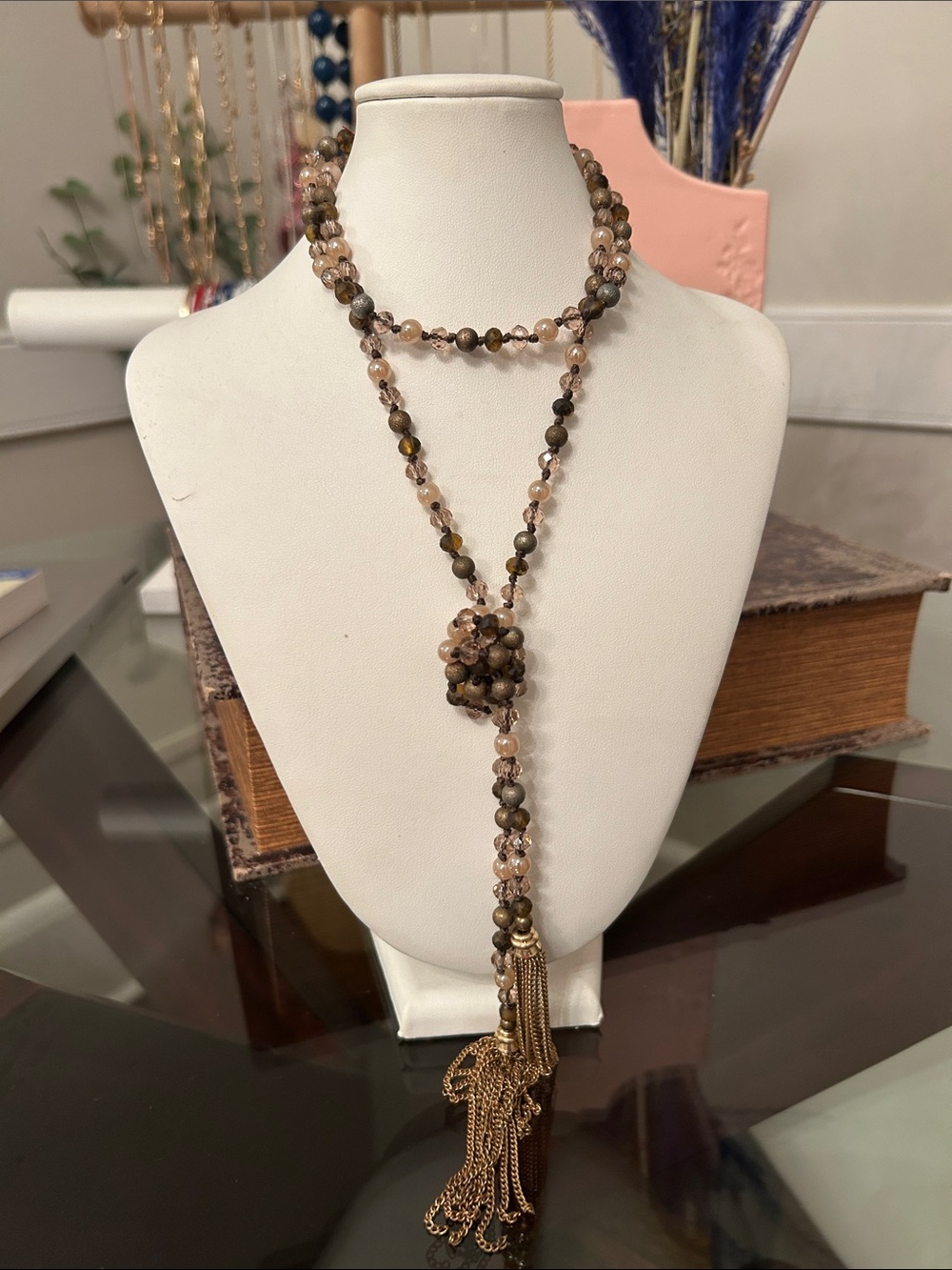 Beaded Tassel Lariat Necklace in Brown and Champagne